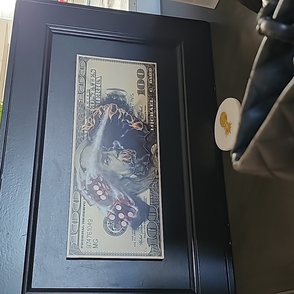Authentic Michael Godard $100 bill with smoking dice.